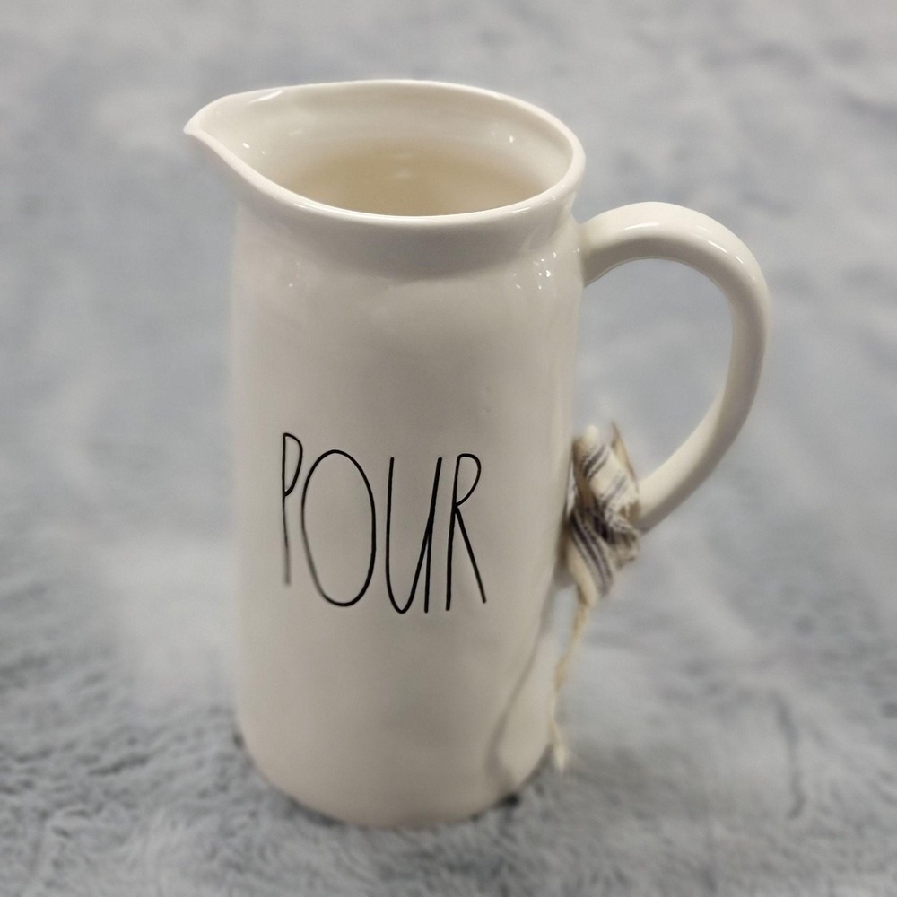 Rae Dunn Magenta "Pour" Pitcher White Ceramic Farmhouse Jug Stippling Dimples